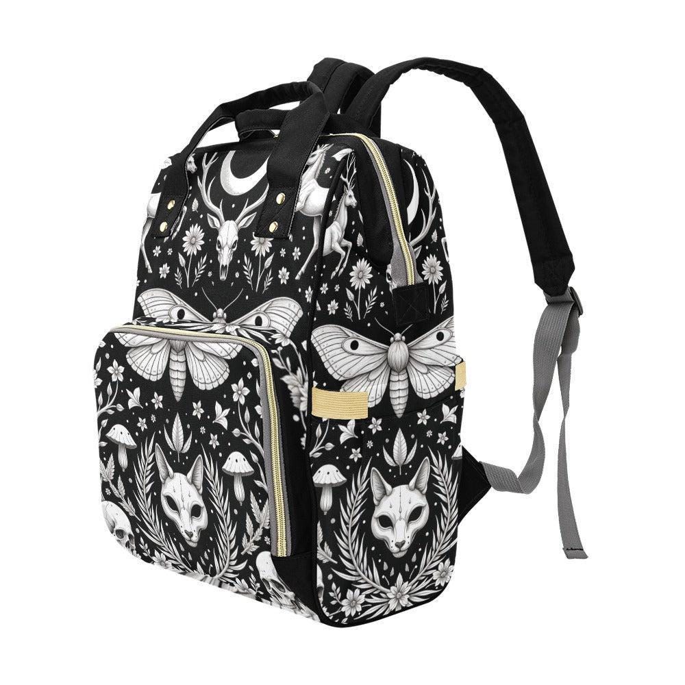 Moth and skull backpack, fox gothic diaper bag, forest witch mom bag, spooky baby bag, lunar floral backpack, alternative nursery bag