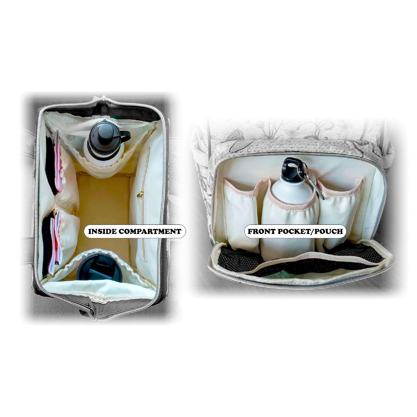 two compartments inside a bag, labeled "INSIDE COMPARTMENT" and "FRONT POCKET/POUCH".