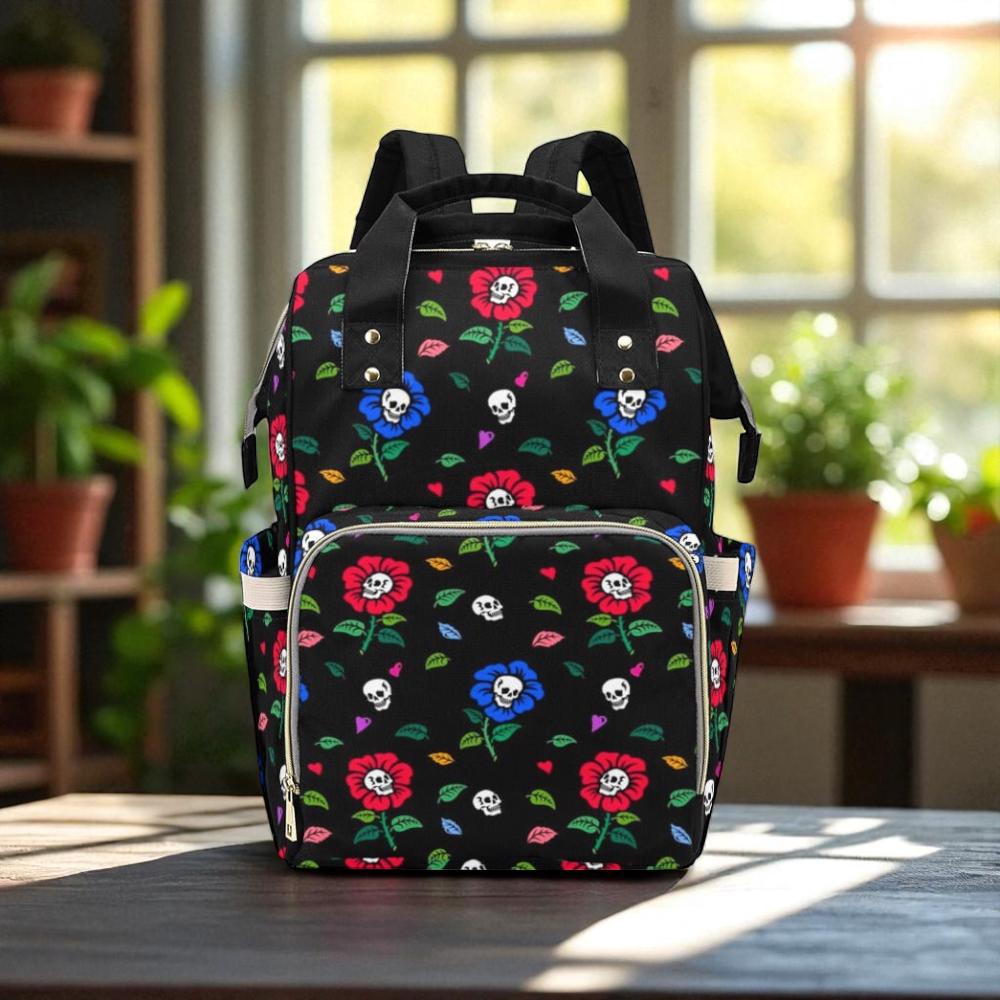 Skull Flower Backpack, Colorful Goth Diaper Bag, Alternative Mom Backpack, Cute Dark Baby Bag, Gothic Floral Nursery Bag for Trendy Moms