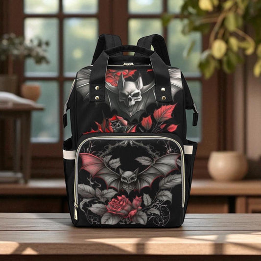 Gothic Mom Backpack, Bat Diaper Bag, Skull Roses Baby Bag, Dark Goth Nursery Backpack, Alternative Spooky Bag for Trendy Goth Moms