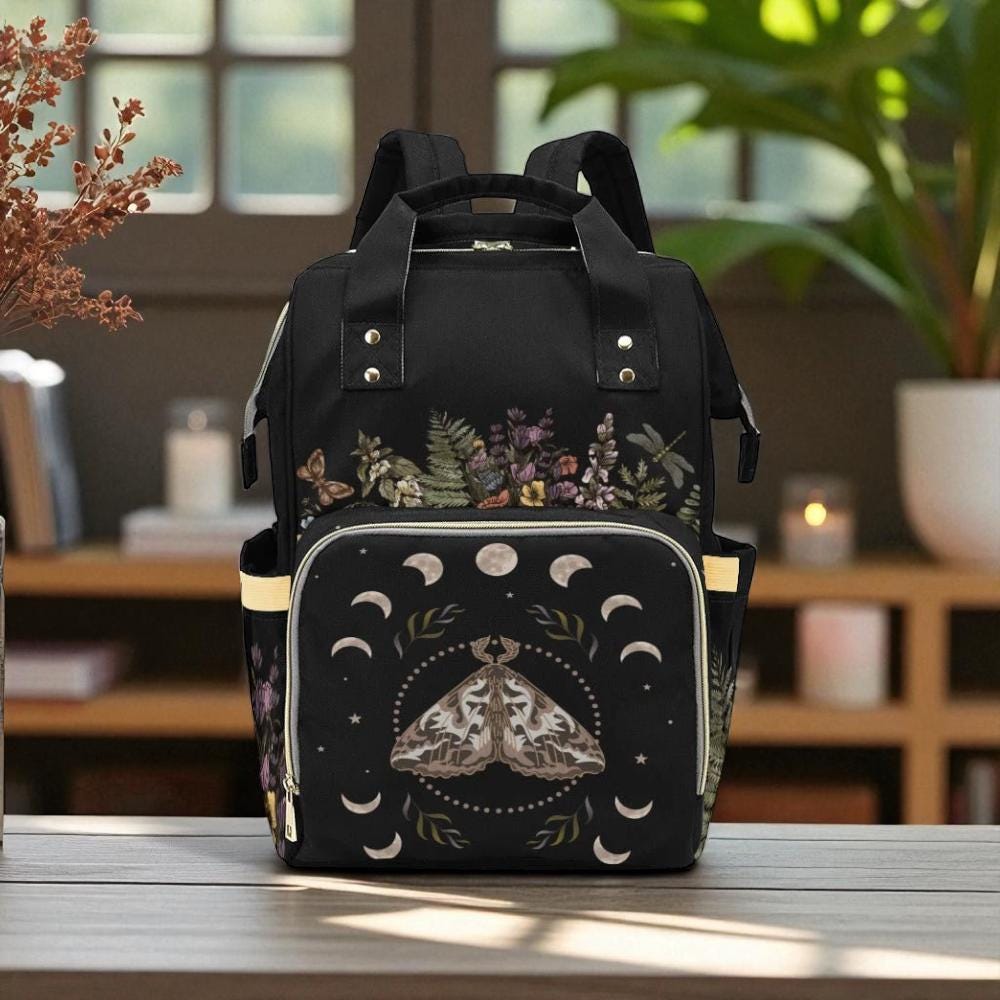 Celestial Moth Backpack, Moon Phases Bag, Witchy Gift for Christmas