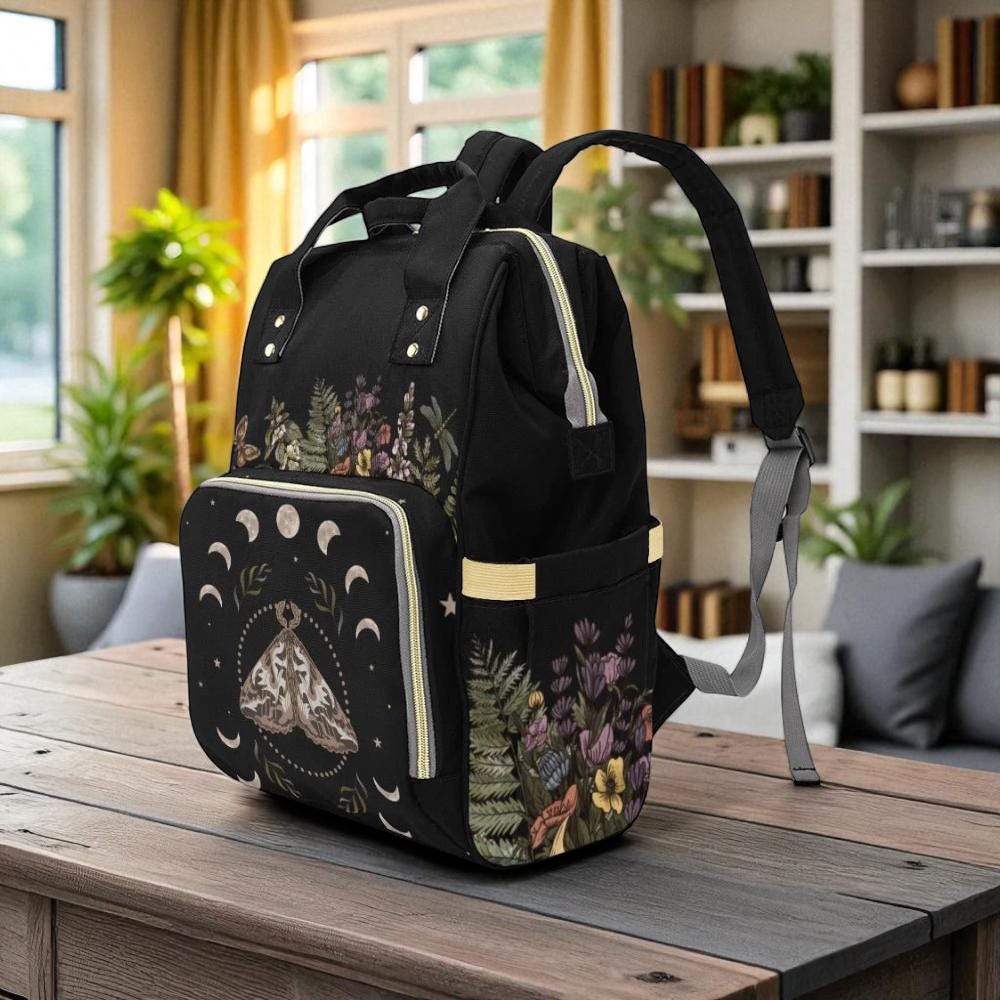 Moth Moon Phase Diaper Backpack, Witchy Mom Essentials, Celestial Baby Bag, Mystic Nursery Tote, Dark Fairycore Mom Gear, Occult Mom Gift