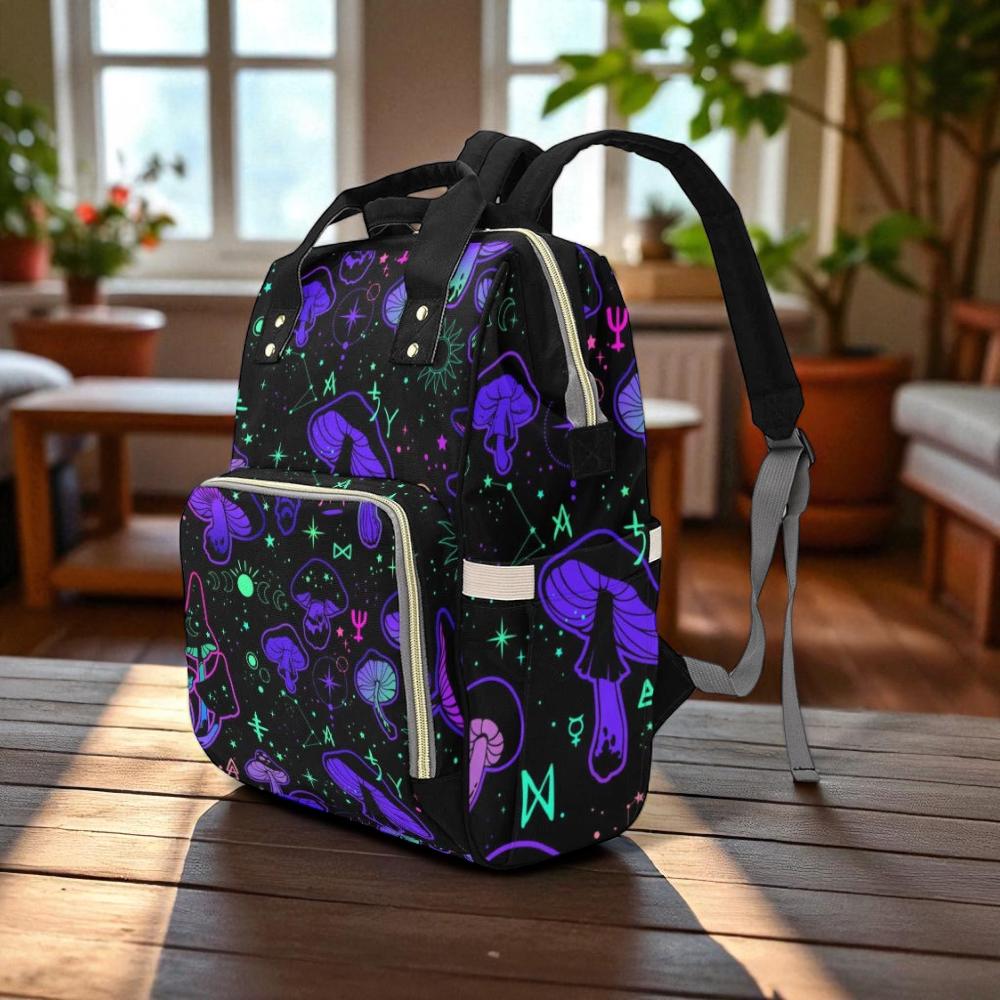 Witchy Mushroom Backpack, Goth Diaper Bag, Neon Magic Mom Bag, Occult Baby Essentials, Mystic Baby Shower Gift, Dark Fairycore Backpack