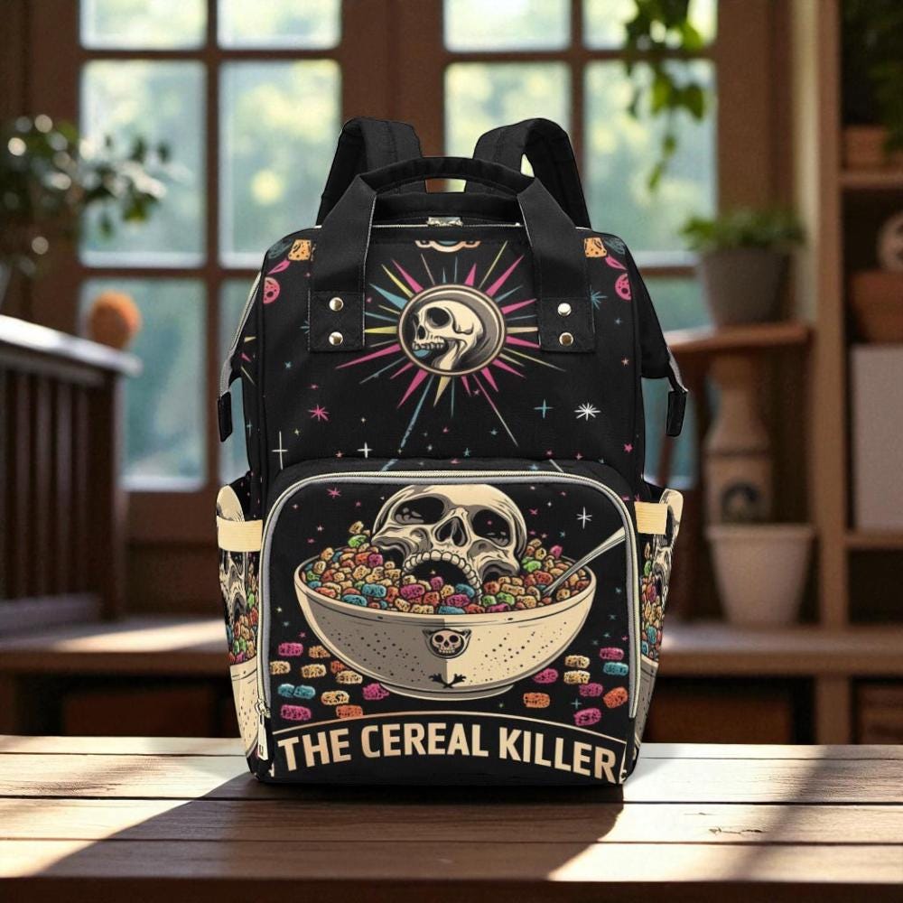 Cereal Killer Diaper Backpack, Funny Skull Mom Bag, Gothic Humor Organizer, Alternative Parenting Gear, Baby Gift Idea, Goth Mom Essentials