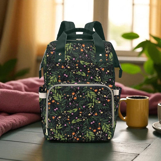 Dark Floral Backpack Diaper Bag, Forest Botanical Mom Gear, Cottagecore Baby Organizer, Woodland Flowers Bag, Boho Nature Mom Gift, Mom Pack