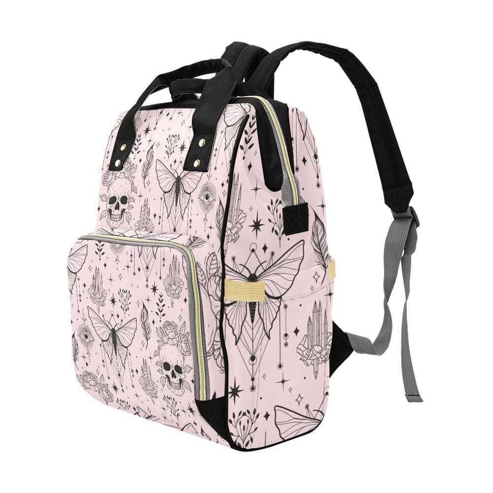 Pink Occult Backpack with Skulls and Moths Witchy Teacher School Bag