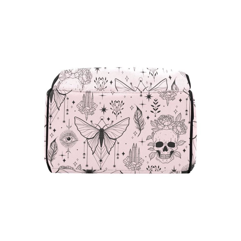 Pink Occult Backpack with Skulls and Moths Witchy Teacher School Bag