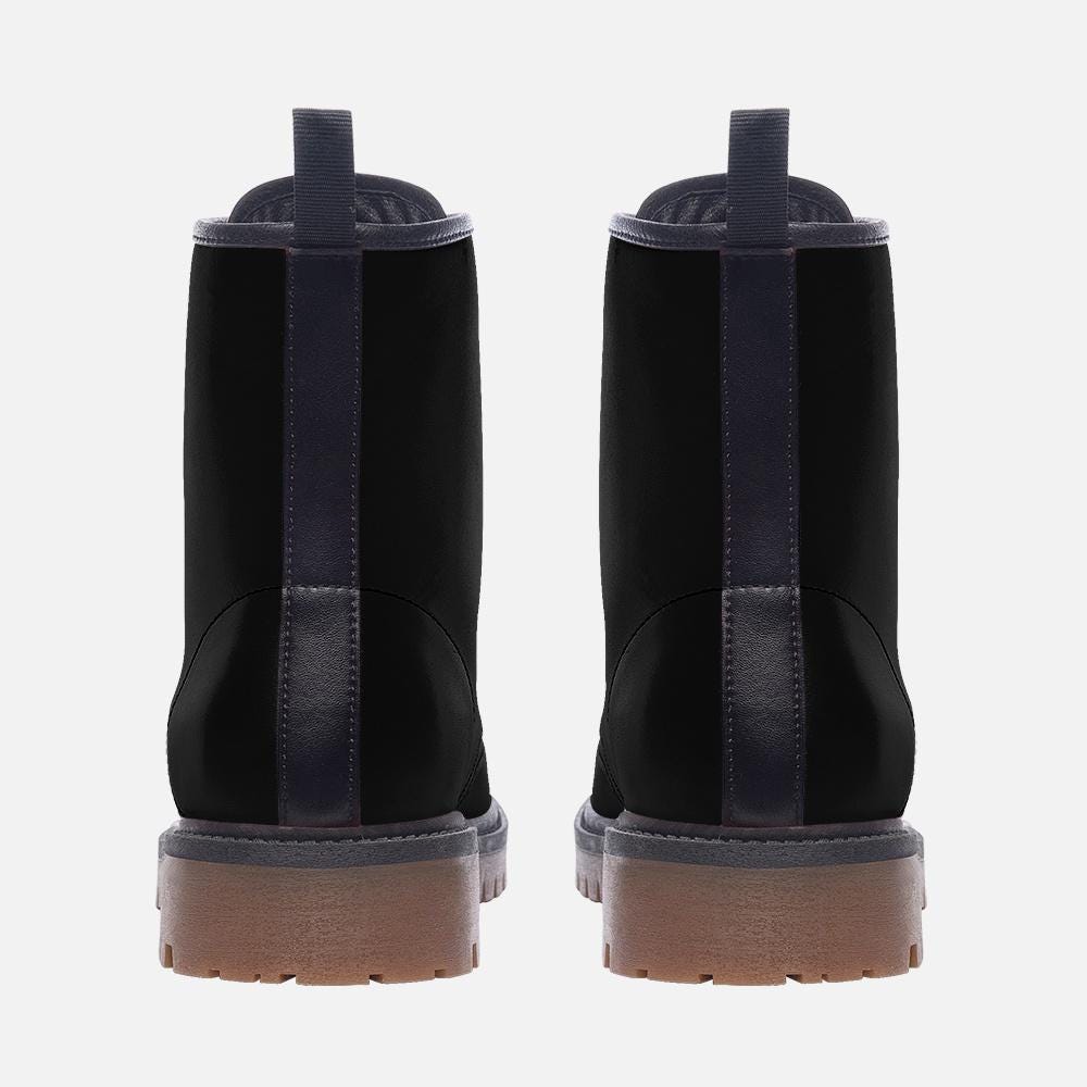 Black Vegan Leather Combat Boots, Lace-Up Platform Ankle Booties