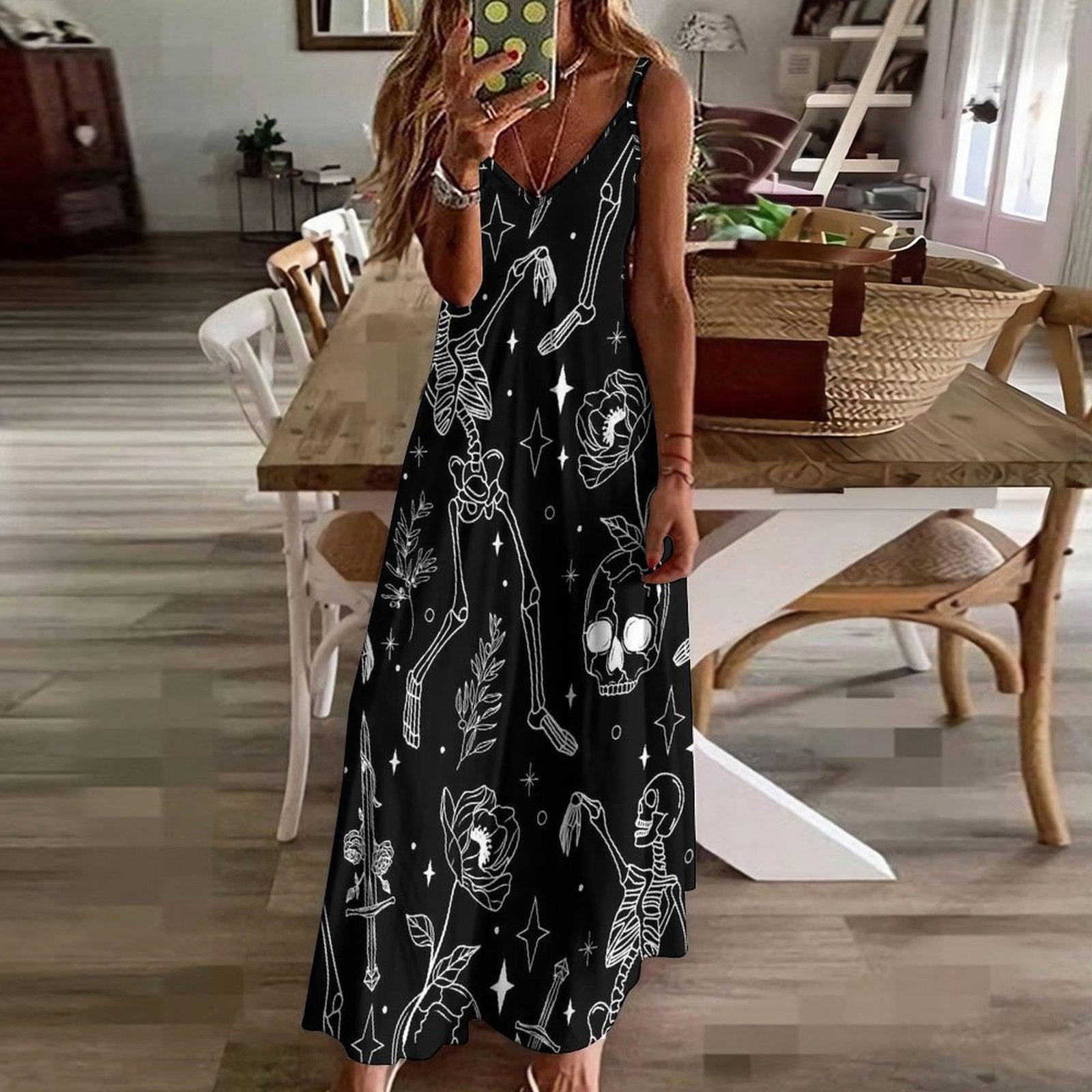 Skeleton Print Maxi Dress, Goth Floral Summer Dress, Occult Black Slip Dress, Witchy Alternative Outfit, Skull Sword Dark Aesthetic