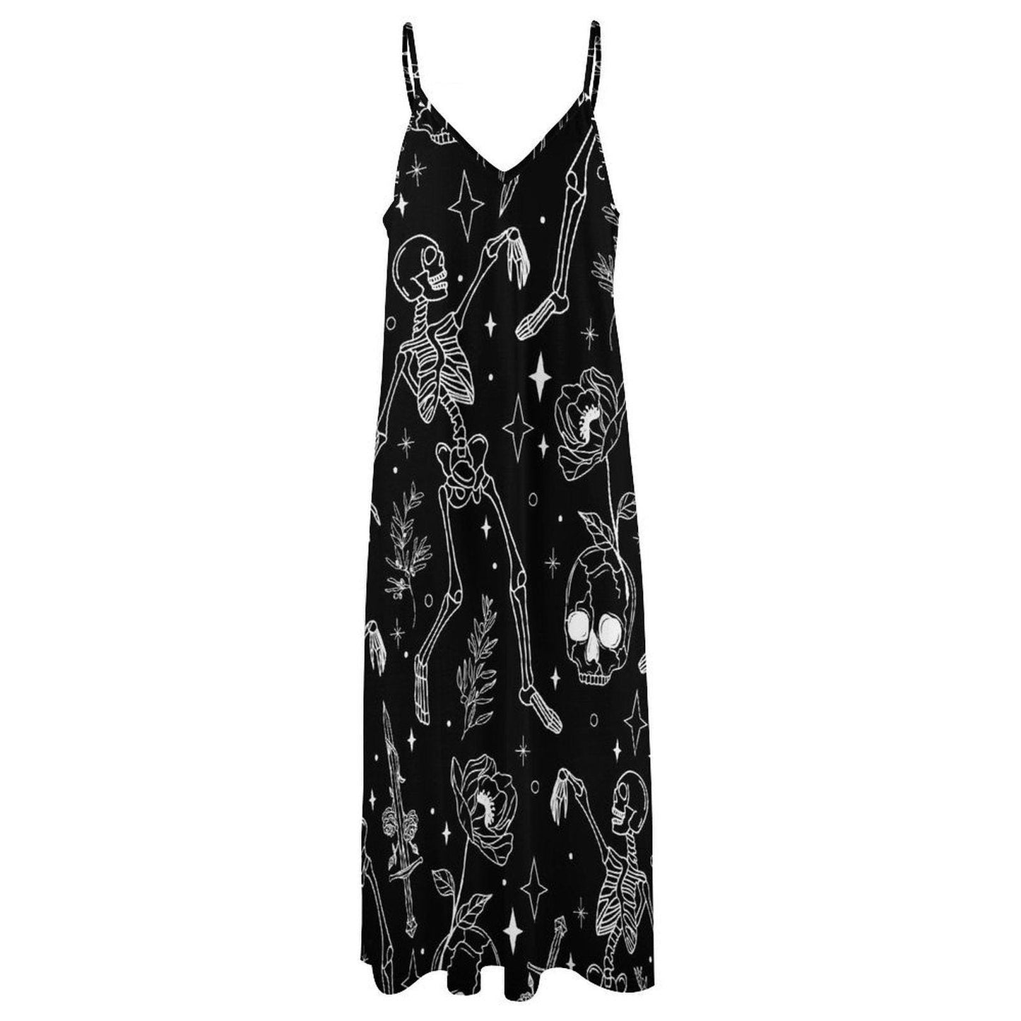 Skeleton Print Maxi Dress, Goth Floral Summer Dress, Occult Black Slip Dress, Witchy Alternative Outfit, Skull Sword Dark Aesthetic