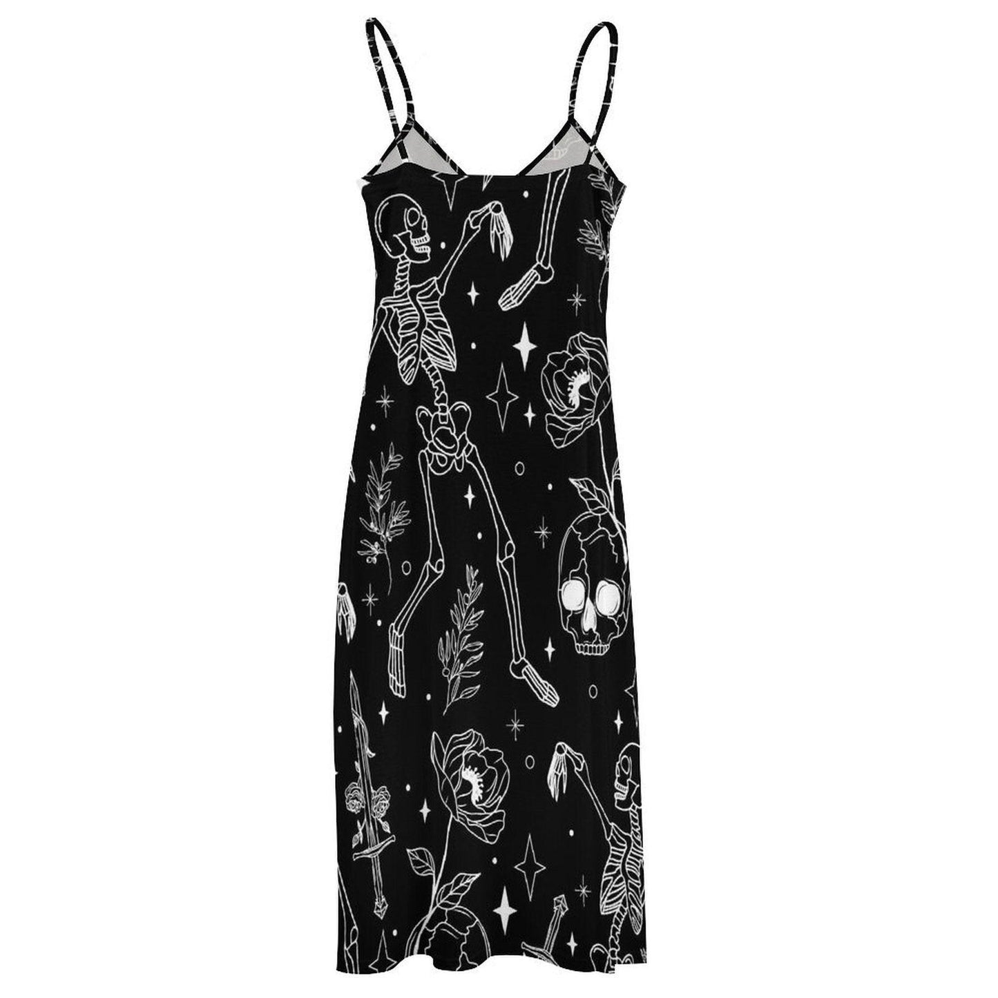 Skeleton Print Maxi Dress, Goth Floral Summer Dress, Occult Black Slip Dress, Witchy Alternative Outfit, Skull Sword Dark Aesthetic