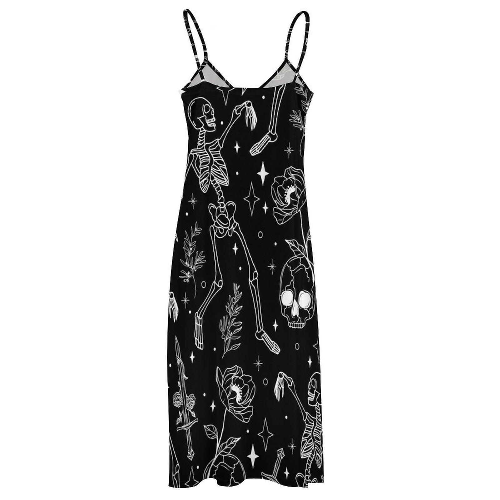 Skeleton Print Maxi Dress, Goth Floral Summer Dress, Occult Black Slip Dress, Witchy Alternative Outfit, Skull Sword Dark Aesthetic