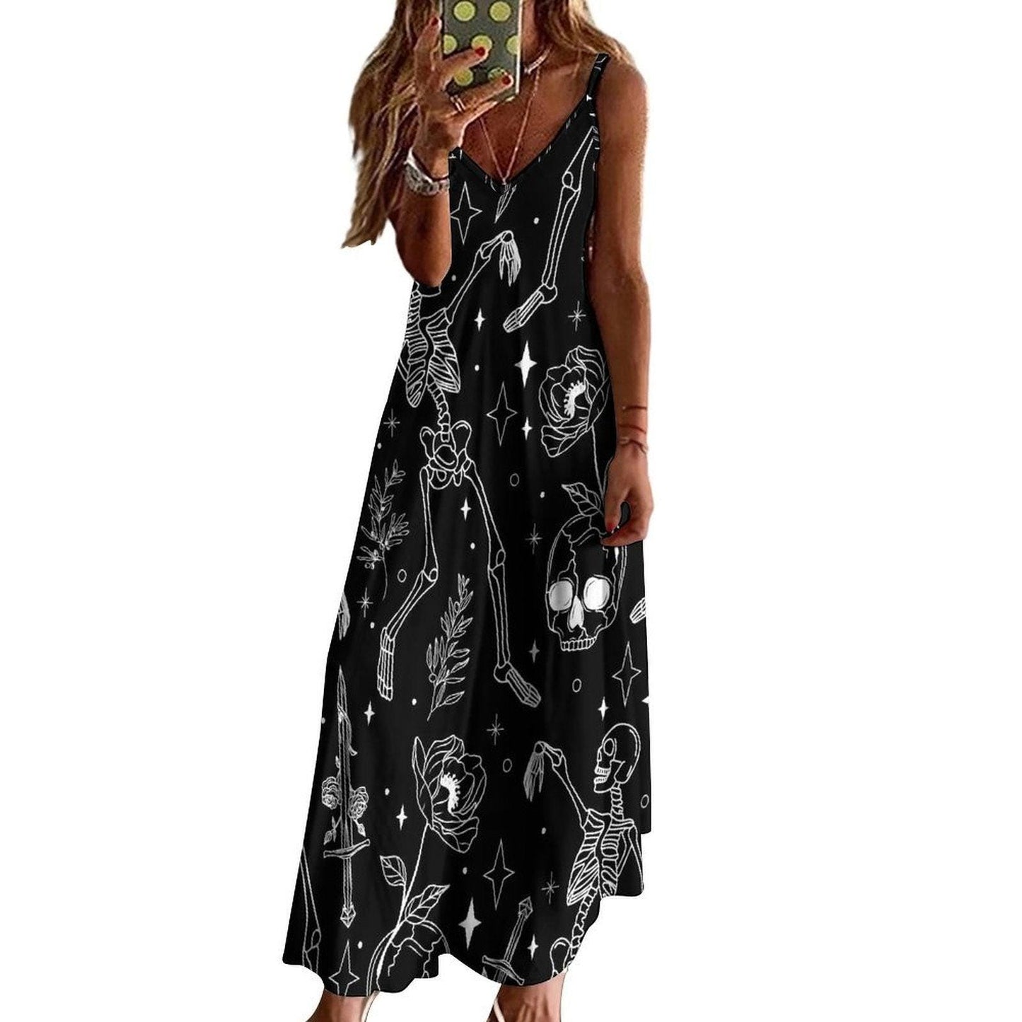 Skeleton Print Maxi Dress, Goth Floral Summer Dress, Occult Black Slip Dress, Witchy Alternative Outfit, Skull Sword Dark Aesthetic