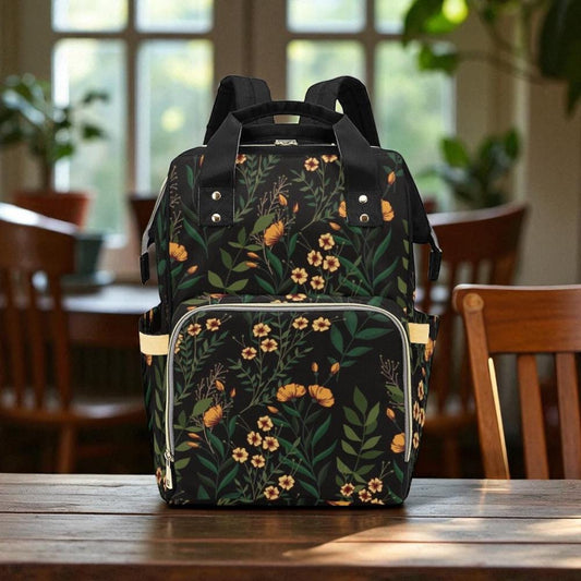 Dark Floral Diaper Backpack, Witchy Baby Bag for Moms, Boho Botanical Travel Bag,Black Flower Print Organizer,Cottagecore Maternity Backpack