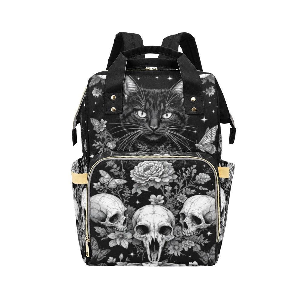 Skull Cat Floral Backpack, Dark Academia Bag, Witchy School Backpack