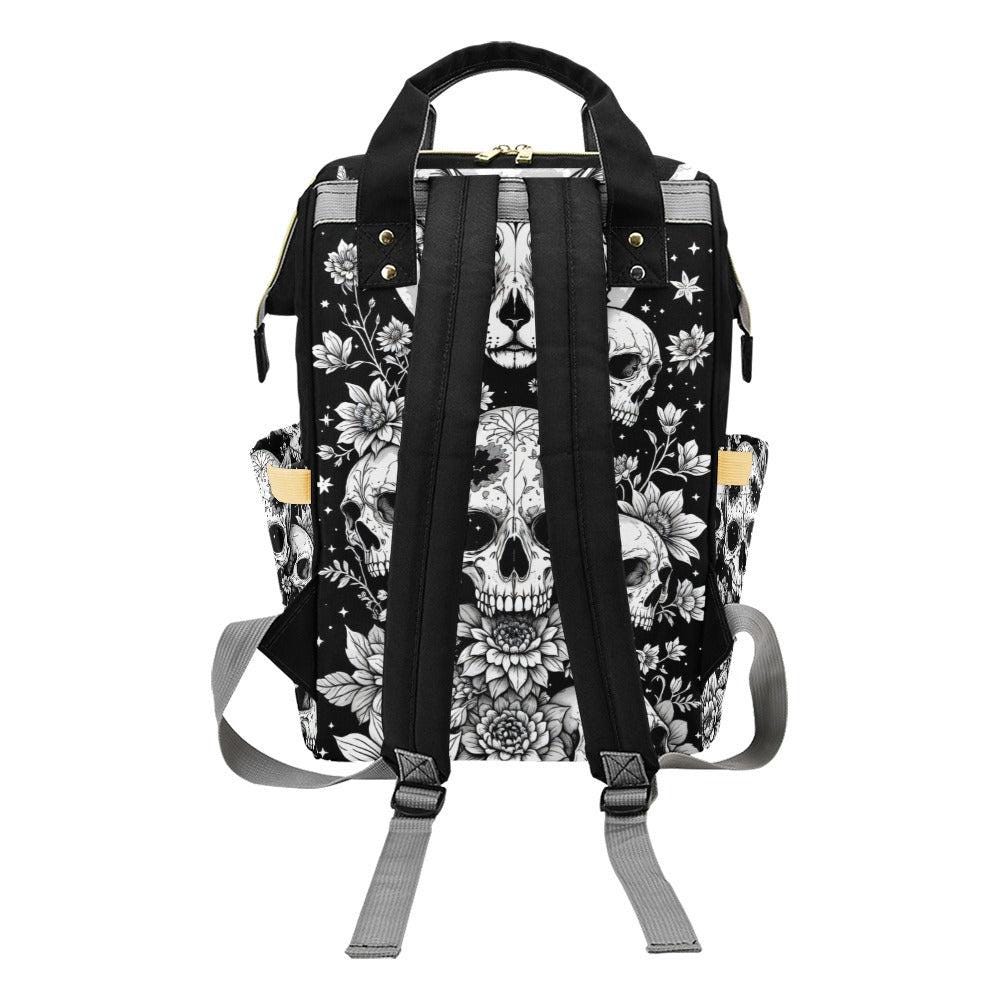 Occult Cat Skull Backpack, Witchy Diaper Bag, Gothic Floral Travel Pack