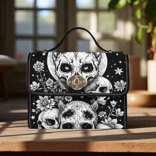Creepy Cat Skull Purse, Occult Gothic Crossbody, Dark Art Shoulder Bag, Witchy Cat Lover Gift, Skull Print Accessories, Alternative Handbag