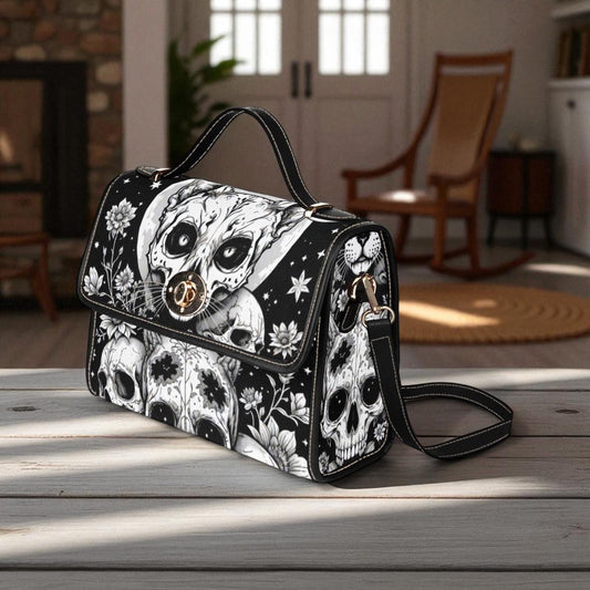 Creepy Cat Skull Purse, Occult Gothic Crossbody, Dark Art Shoulder Bag, Witchy Cat Lover Gift, Skull Print Accessories, Alternative Handbag