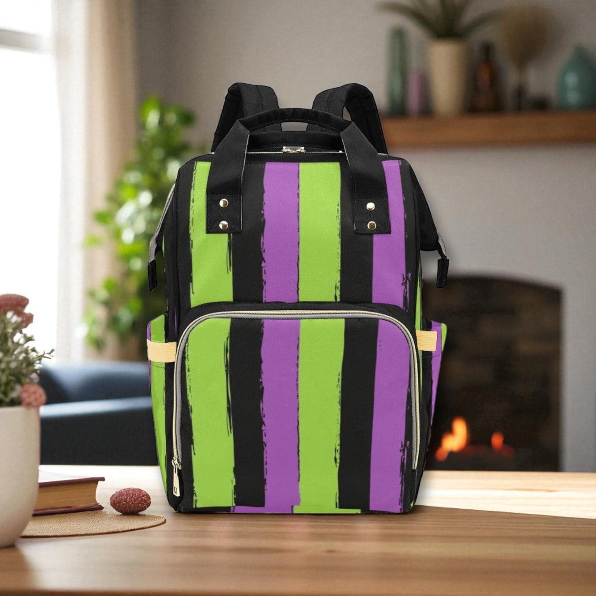 Purple Green Striped Witchcore Backpack, Spooky Diaper Bag for Creepy Cute Moms, Bold Goth Baby Bag Idea, Aesthetic Bookbag Gift for her