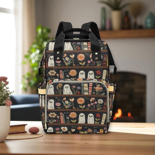Ghosts and Books Backpack, Floral Diaper Bag for Witchy Moms, Dark Academia Baby Bag, Cottagecore Organizer, Spooky Cute Gift for Her