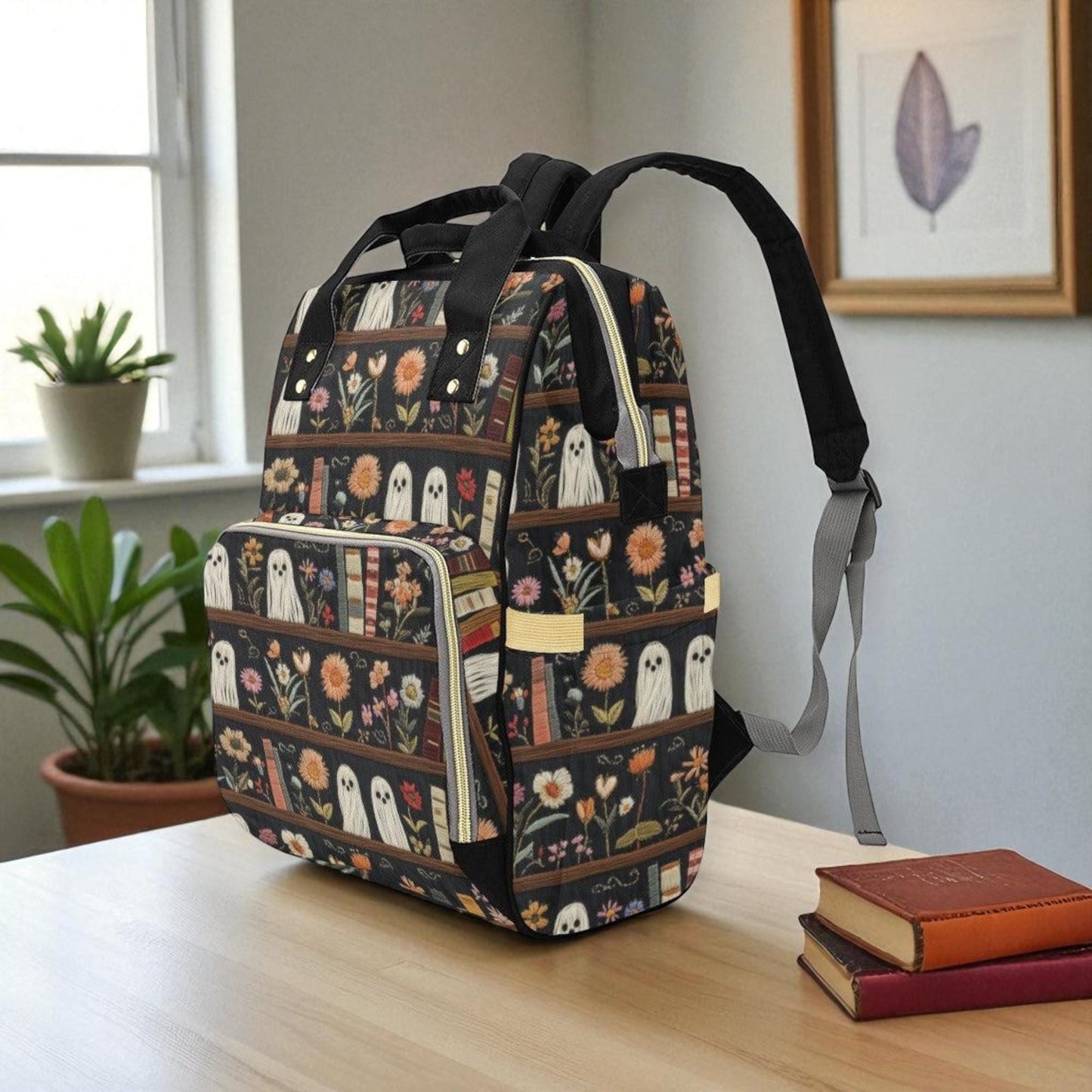 Ghosts and Books Backpack, Floral Diaper Bag for Witchy Moms, Dark Academia Baby Bag, Cottagecore Organizer, Spooky Cute Gift for Her