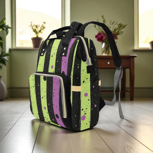 Witchy Splatter Stripes Bag, Green and Purple Backpack for Alt Girls, Spooky Cute Diaper Bag Idea, Pastel Goth Bookbag Gift for Her