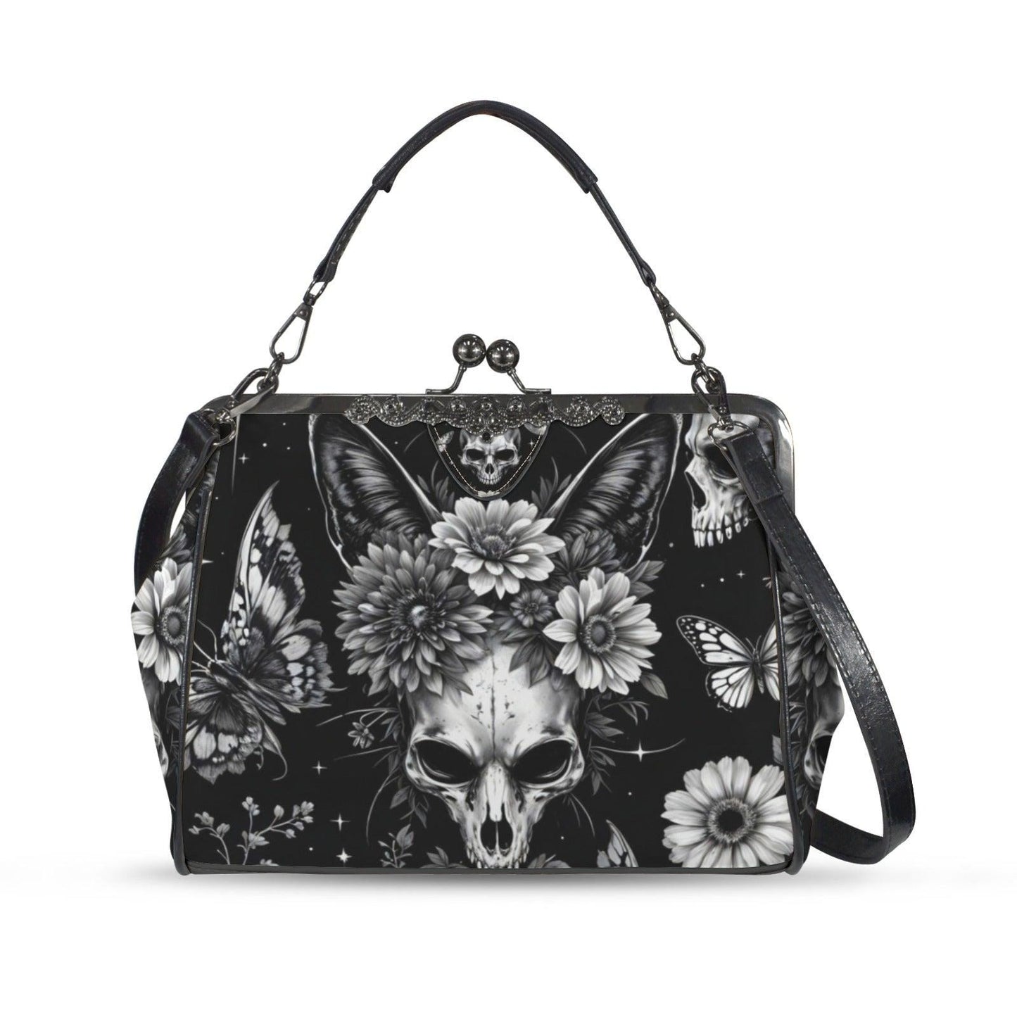 Skull Butterfly Kisslock Bag, Gothic Floral Purse, Fairycore Dark Accessories, Alt Fashion Handbag