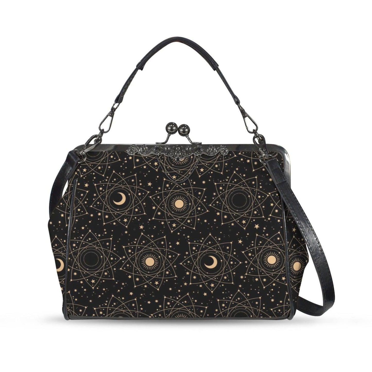 Celestial kisslock bag, moon and stars print, witchy astrology handbag, zodiac sign gift, mystical festival purse