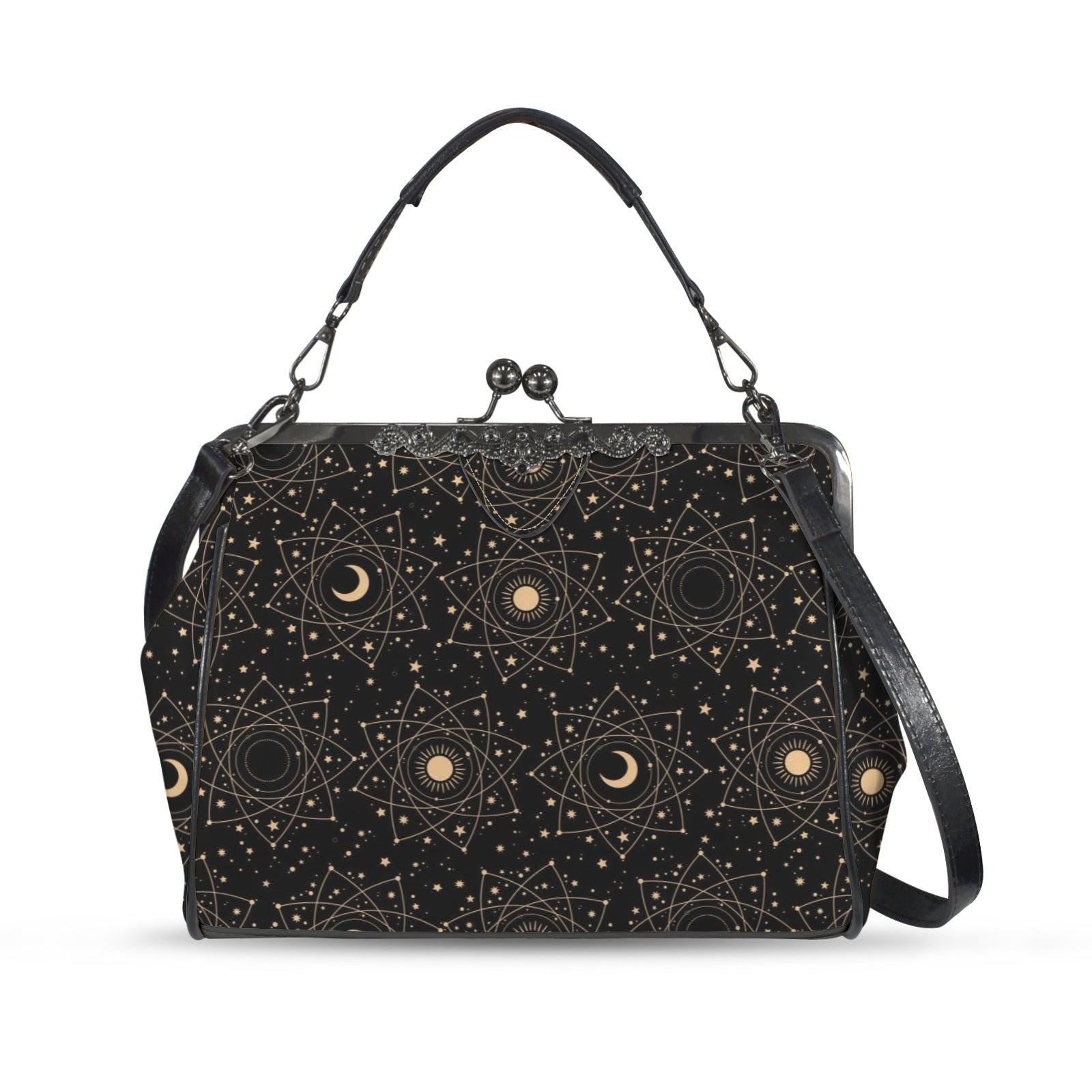 Celestial kisslock bag, moon and stars print, witchy astrology handbag, zodiac sign gift, mystical festival purse