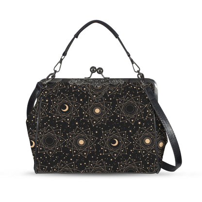 Celestial kisslock bag, moon and stars print, witchy astrology handbag