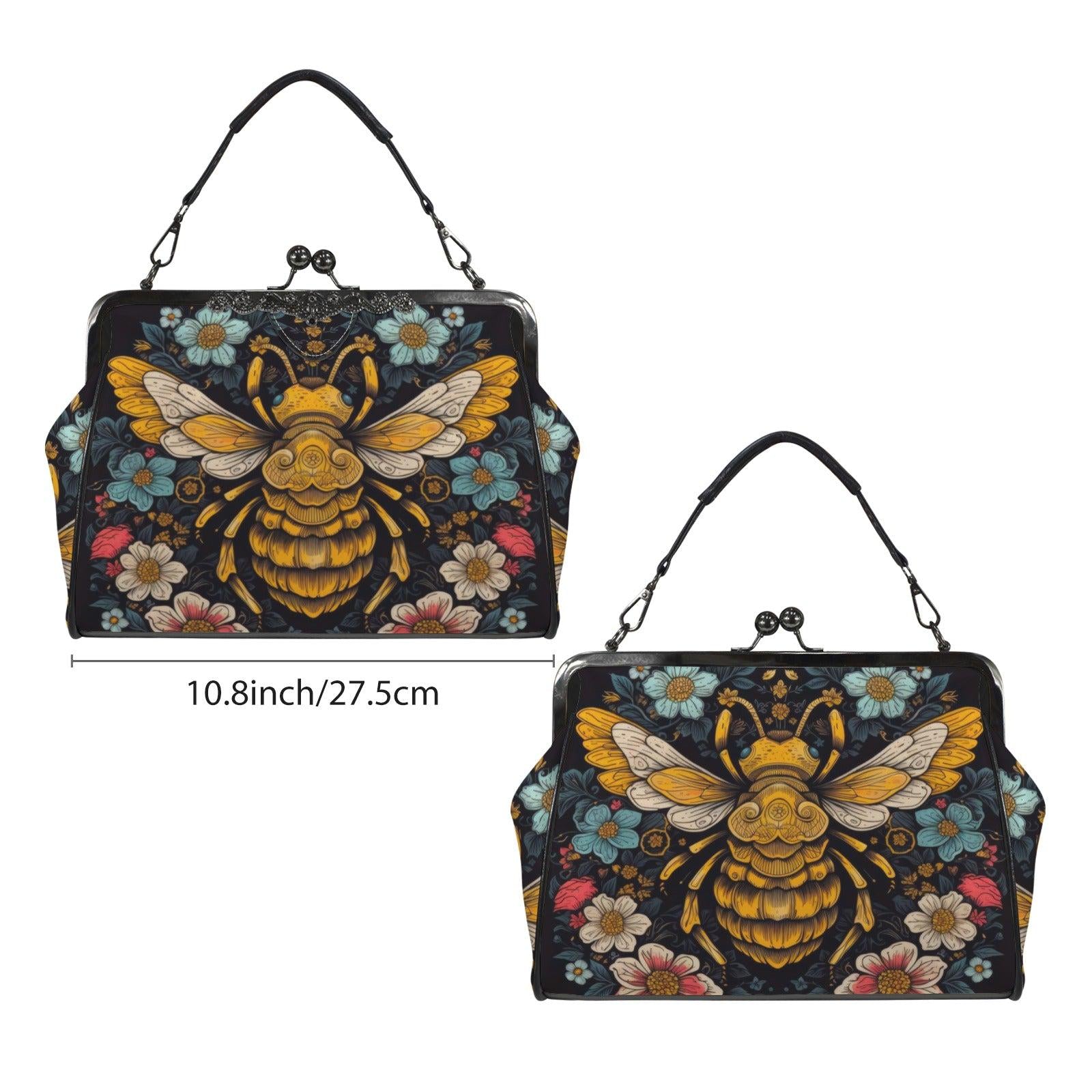 Honeybee Floral Kisslock Bag, Nature Inspired Purse, Vintage Handbag