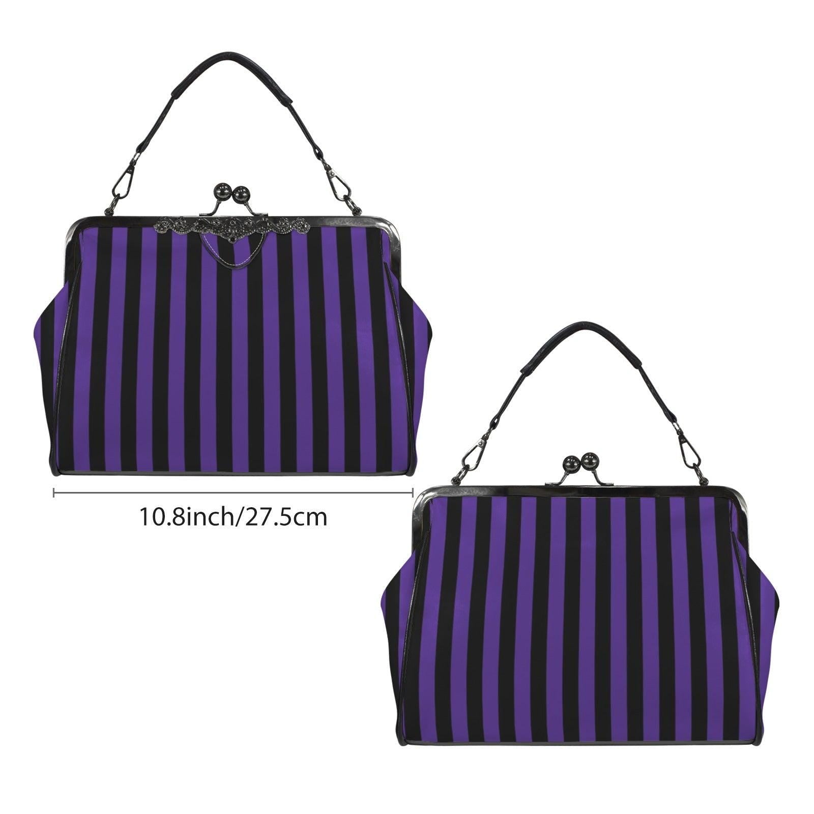 Witch market stripe handbag, bold purple black purse, vintage clasp stripe bag, dark carnival shoulder bag, enchanted stripe print accessory