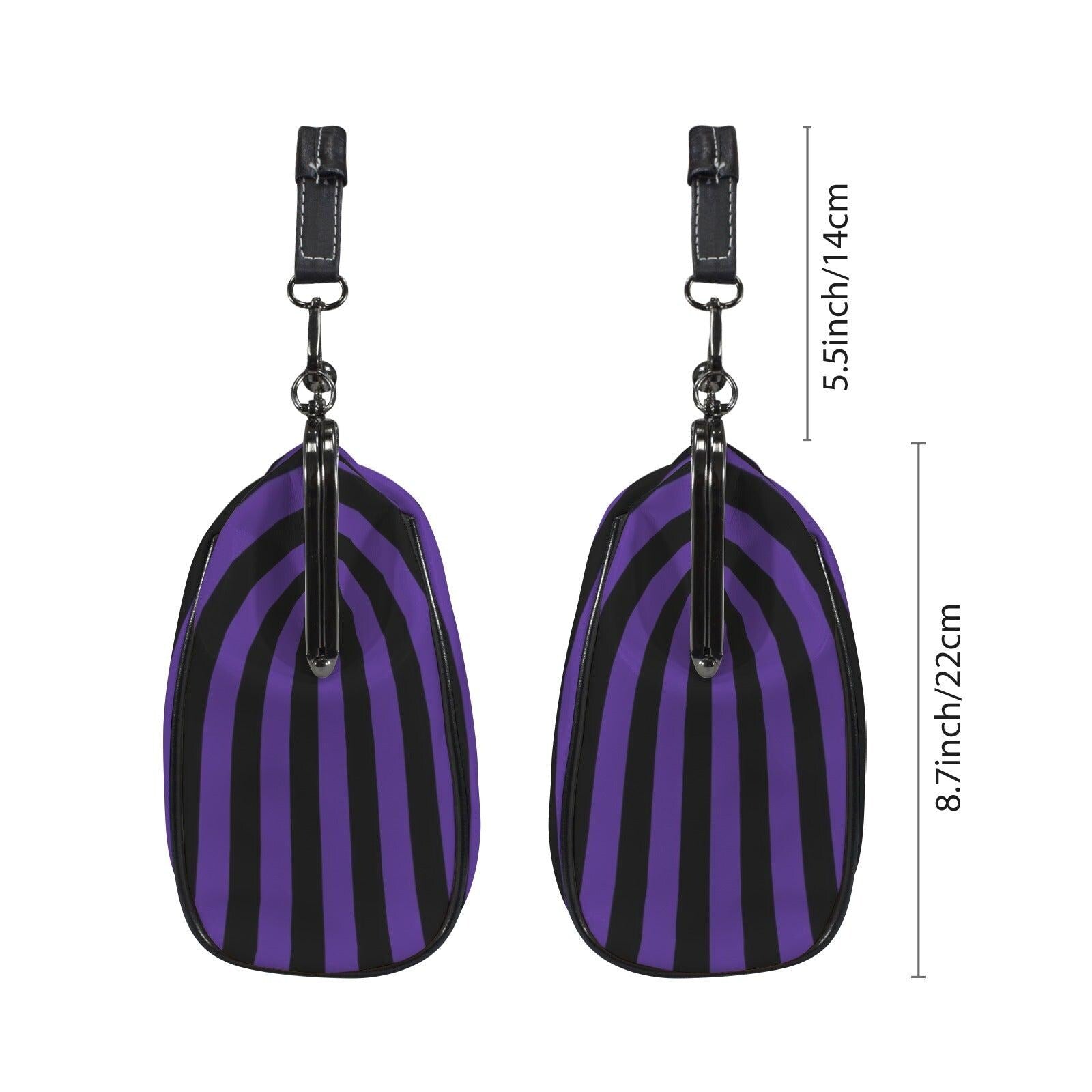 Witch market stripe handbag, bold purple black purse, vintage clasp stripe bag, dark carnival shoulder bag, enchanted stripe print accessory