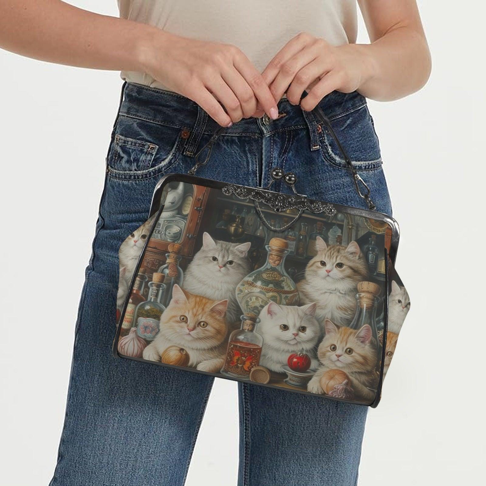 Cat Print Kisslock Bag, Vintage Style Handbag with Kittens and Potion Bottles