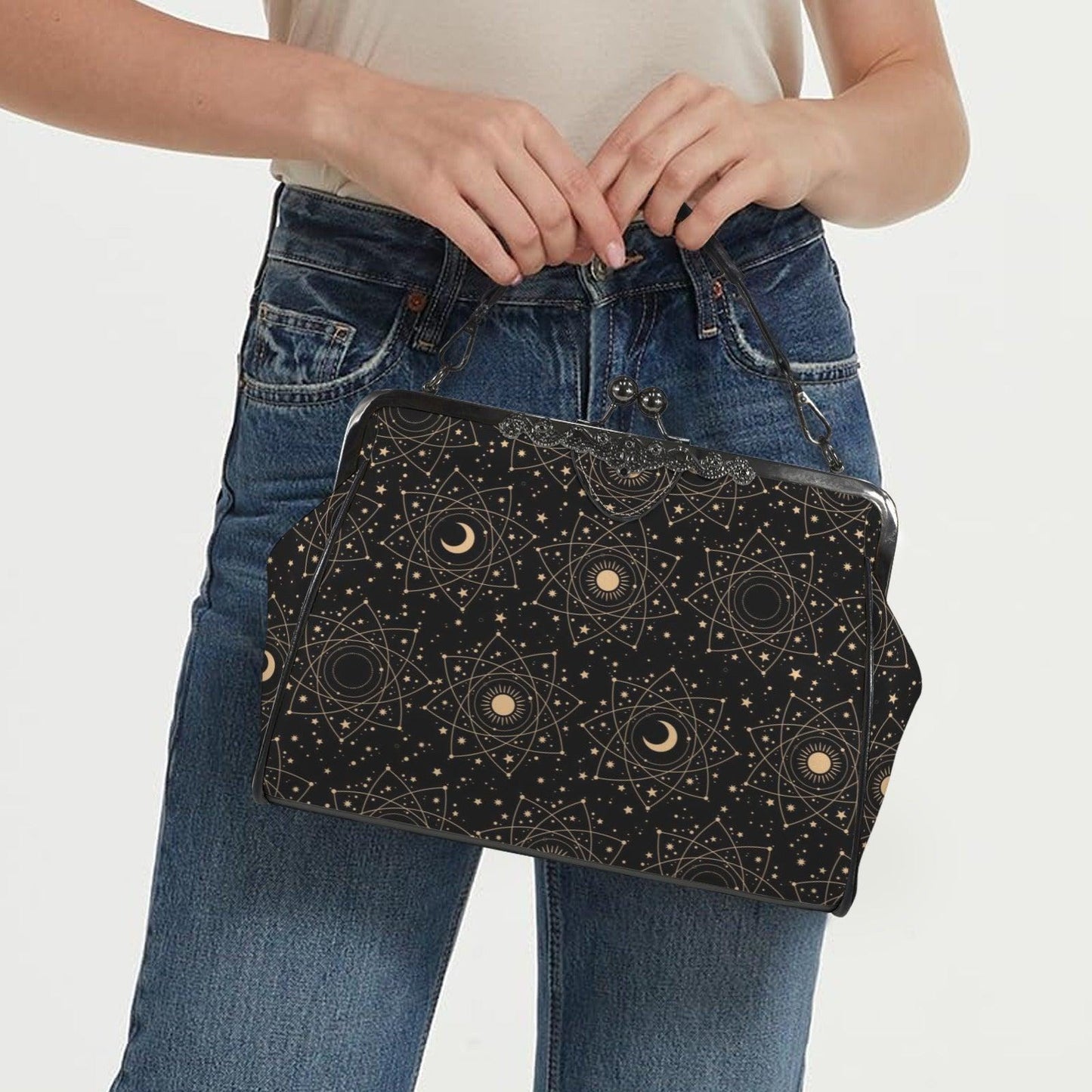 Celestial kisslock bag, moon and stars print, witchy astrology handbag, zodiac sign gift, mystical festival purse
