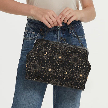Celestial kisslock bag, moon and stars print, witchy astrology handbag
