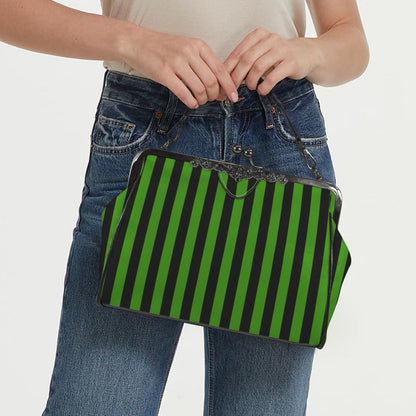 Green Stripe Kisslock Bag, Gothic Witchy Purse, Vintage Alt Fashion Handbag