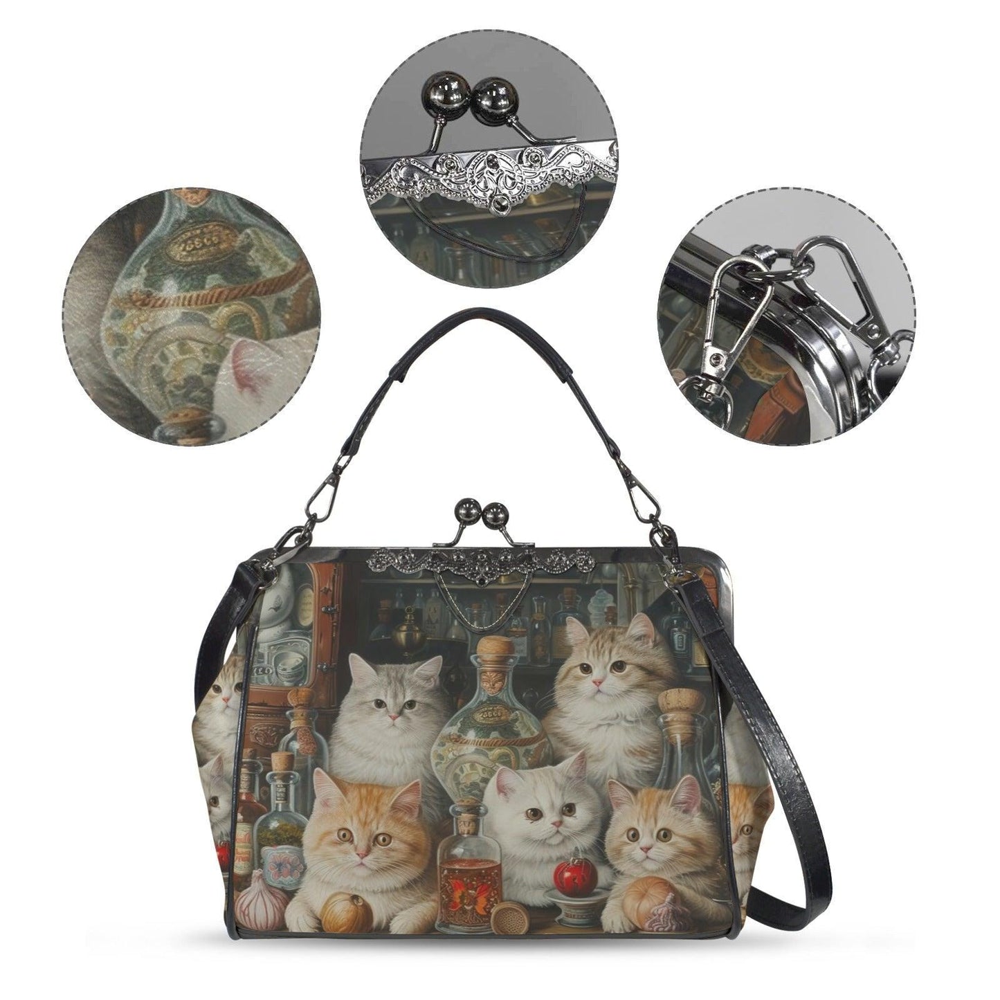 Cat Print Kisslock Bag, Vintage Style Handbag with Kittens and Potion Bottles