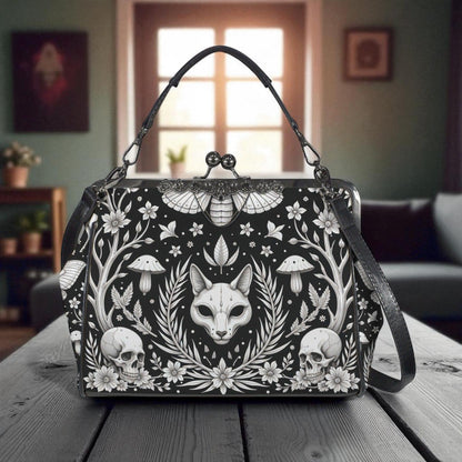 Gothic Fox Skull Handbag, Witchy Cat Crossbody Clutch, Dark Fairy Occult Fashion Bag