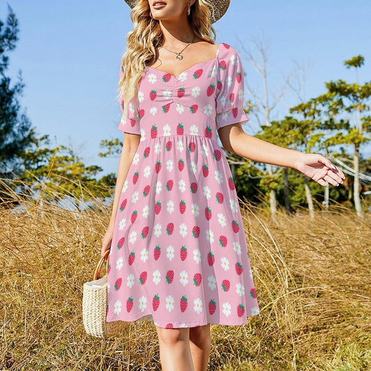 Berry Daisy Midi Dress, Pink Strawberry Outfit, Cute Cottagecore Fashion, Puff Sleeve Summer Dress, Pastel Picnic Clothing,Girly Fairy Dress