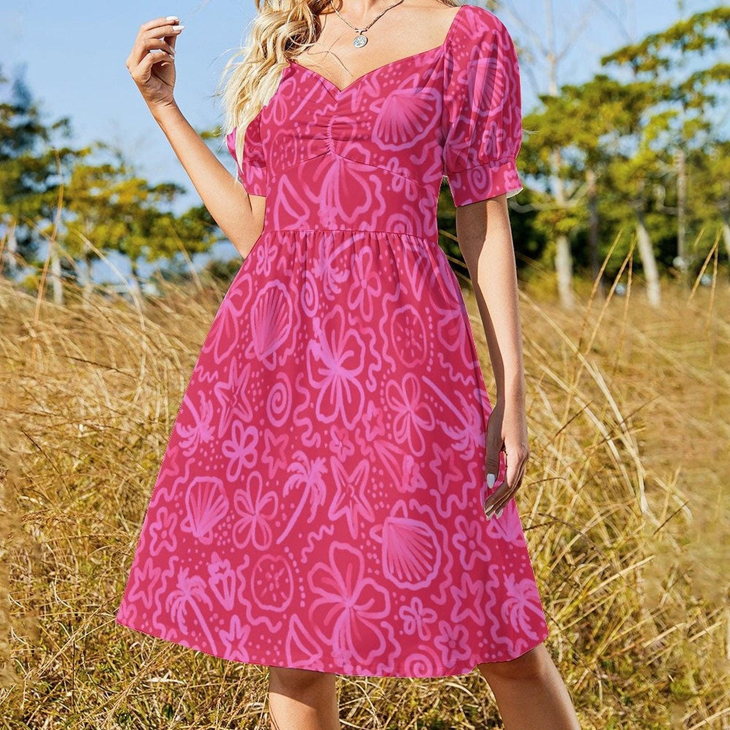 Hibiscus Sundress, Hot Pink Shell Print Dress, Beach Club Outfit, Coastal Summer Dress