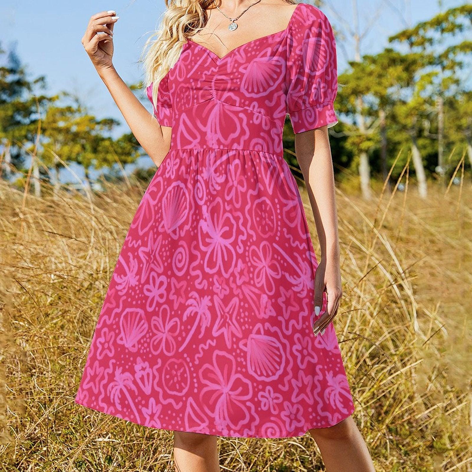 Hibiscus Sundress, Hot Pink Shell Print Dress, Beach Club Outfit, Coastal Summer Dress