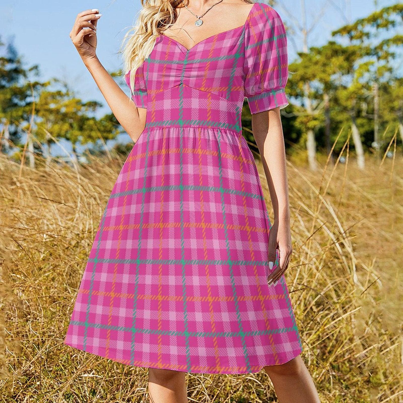 Pink Plaid Dress, Coquette Tartan Dress, Preppy Sweetheart Neck Dress