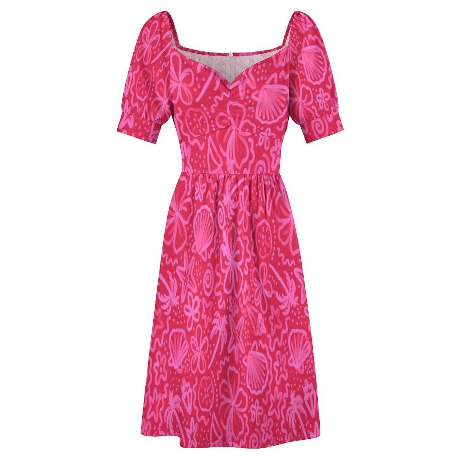 Hibiscus Sundress, Hot Pink Shell Print Dress, Beach Club Outfit, Coastal Summer Dress