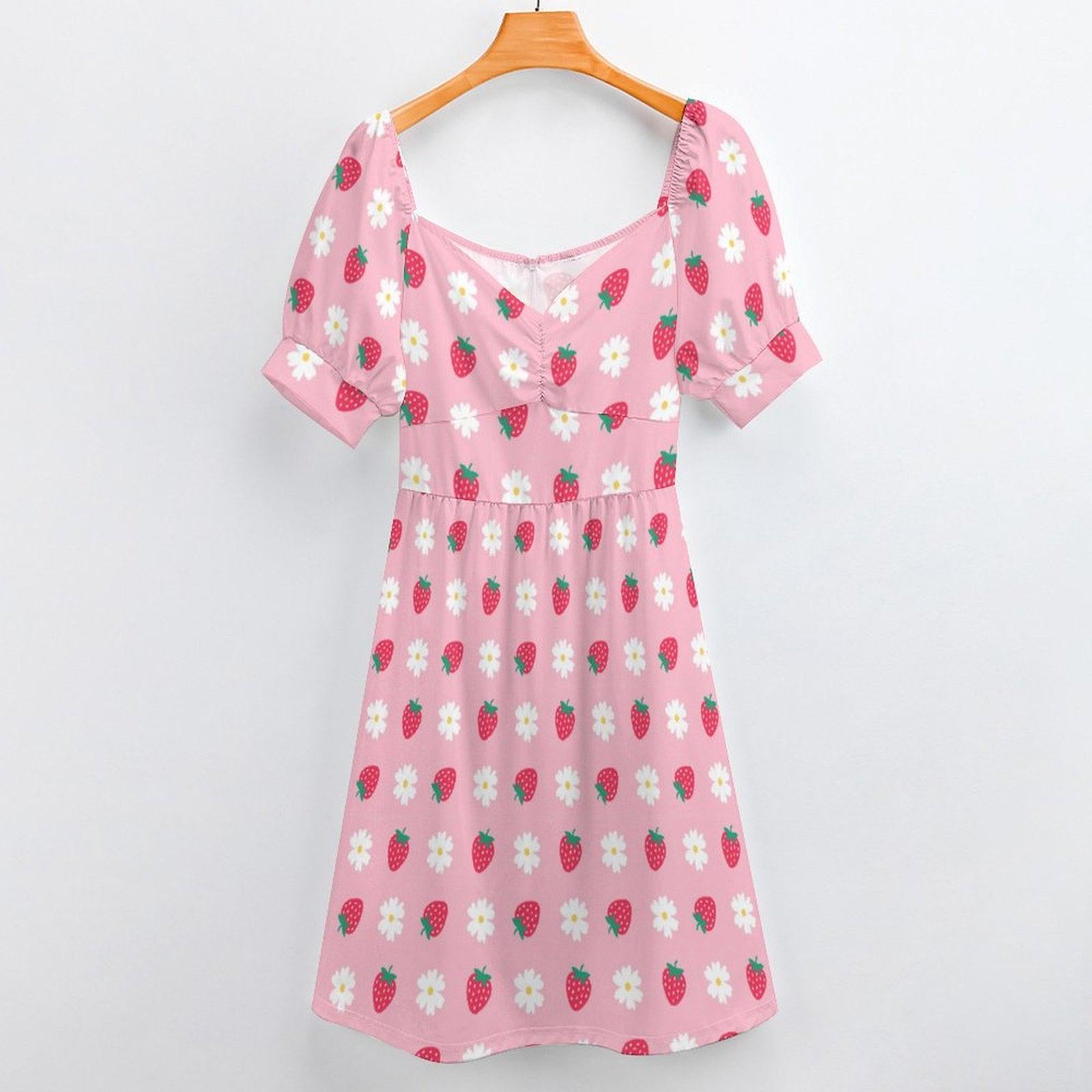 Berry Daisy Midi Dress, Pink Strawberry Outfit, Cute Cottagecore Fashion, Puff Sleeve Summer Dress, Pastel Picnic Clothing,Girly Fairy Dress