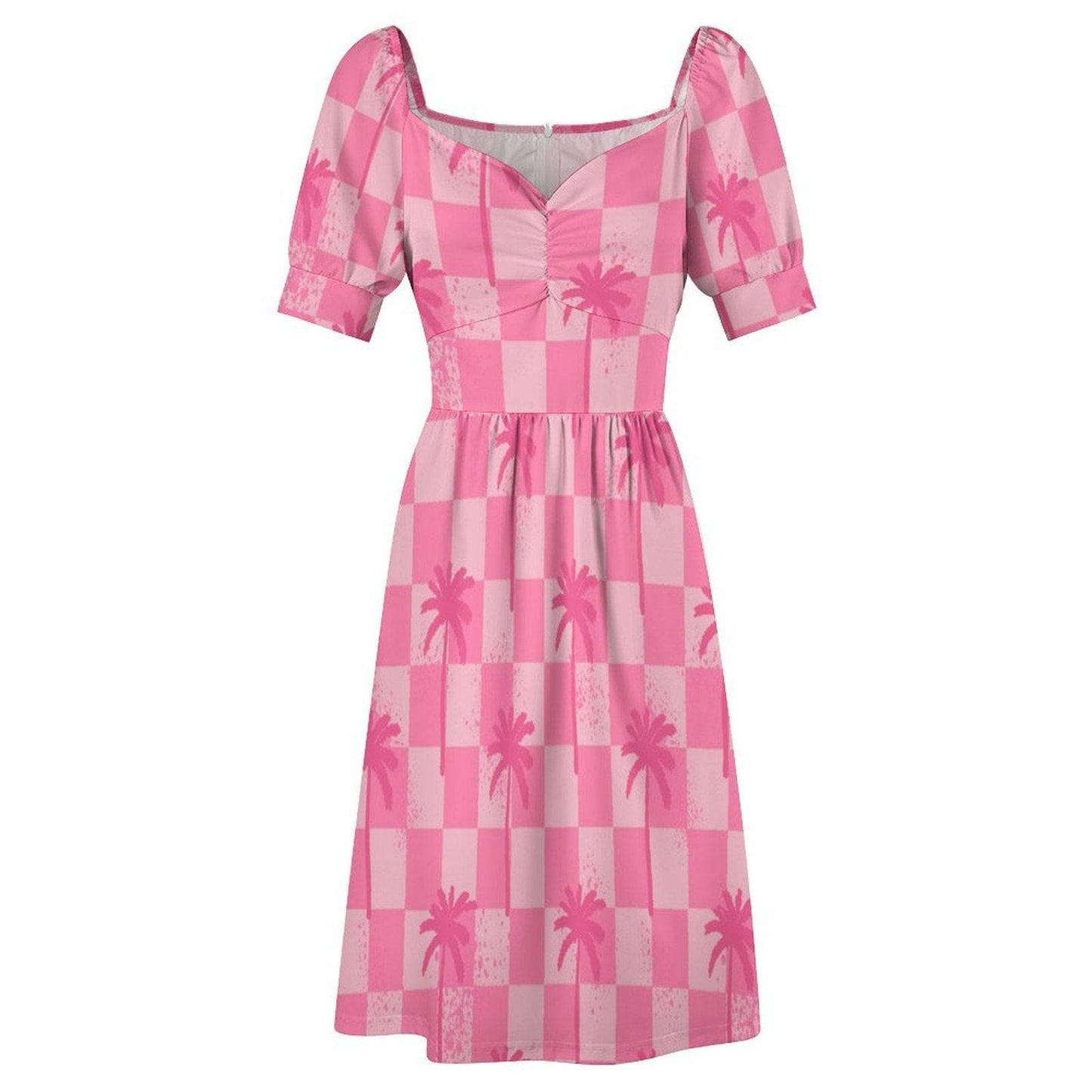 Tropical Resort Dress, Pink Palm Check Dress, Beach Vacation Outfit, Island Getaway Look