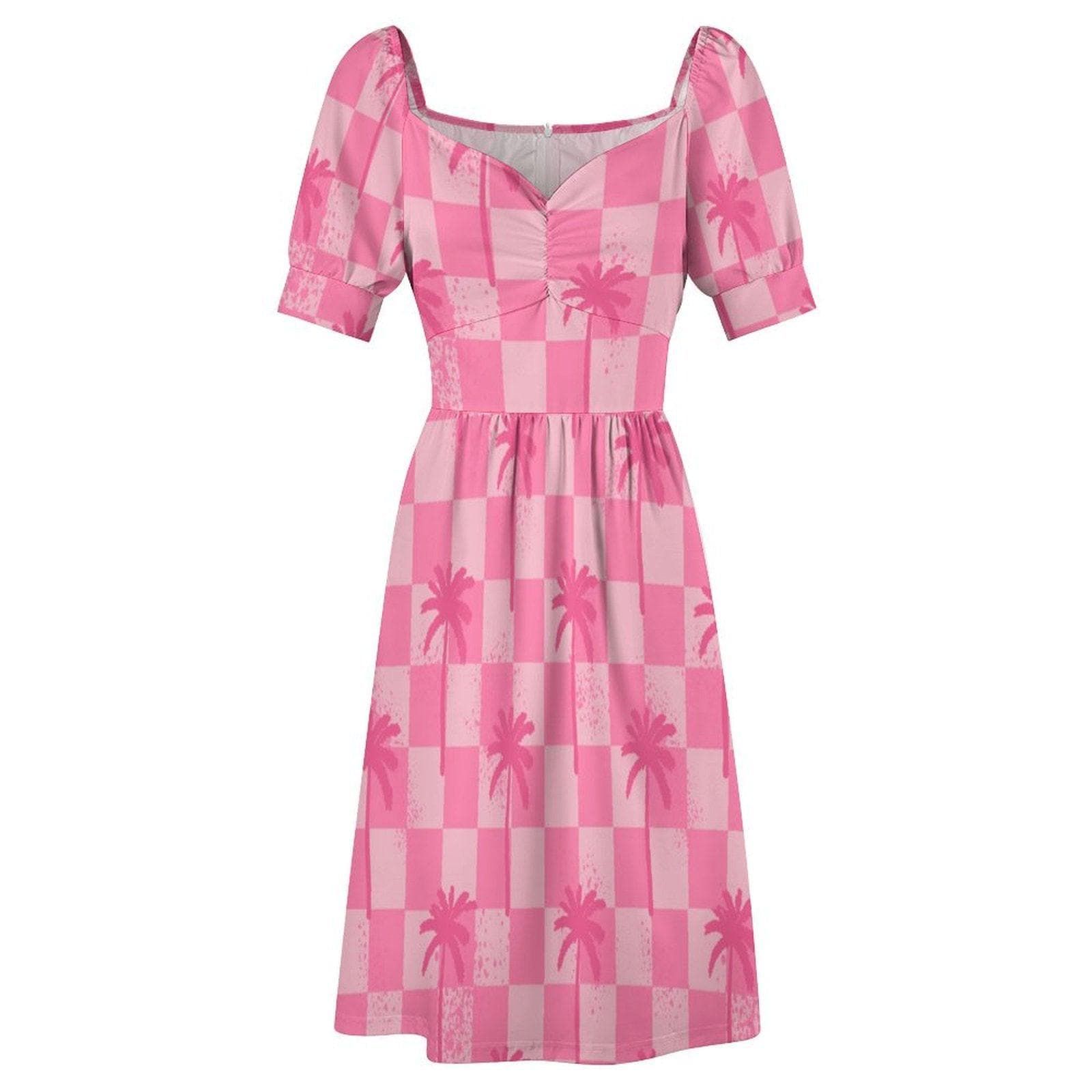 Tropical Resort Dress, Pink Palm Check Dress, Beach Vacation Outfit, Island Getaway Look