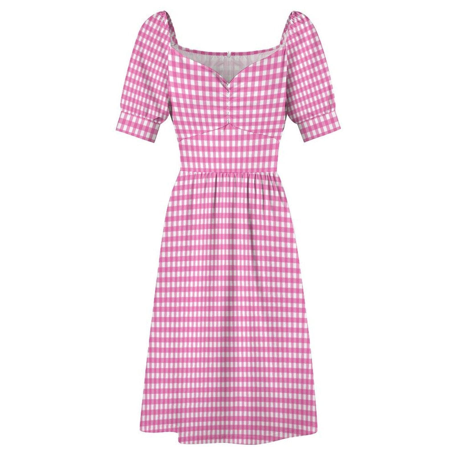 Tiny Check Pink Dress, Gingham Summer Brunch Outfit, Romantic Picnic Girlcore Look, Cottagecore Midi Puff Sleeve Dress, Pink Soft Style