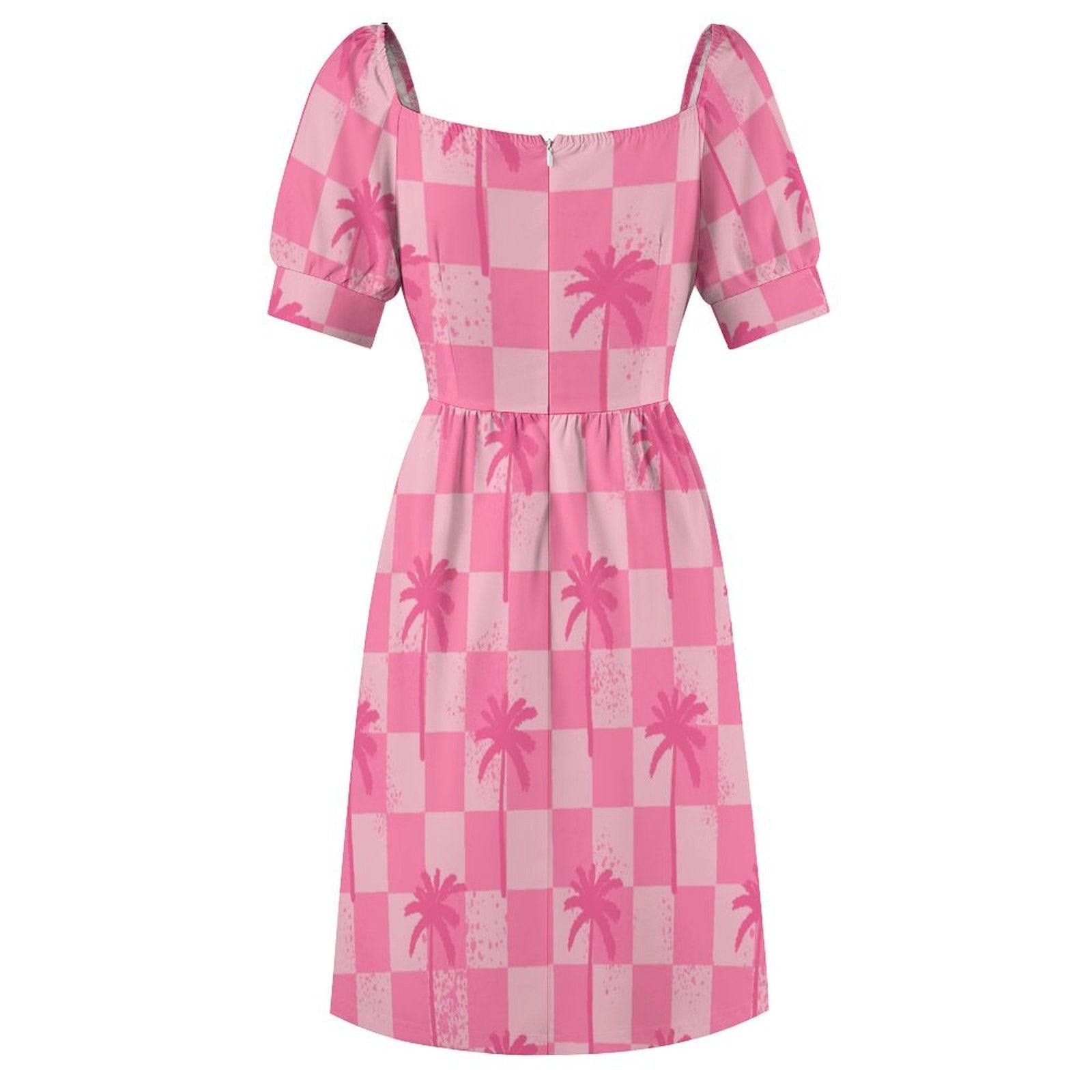 Tropical Resort Dress, Pink Palm Check Dress, Beach Vacation Outfit, Island Getaway Look