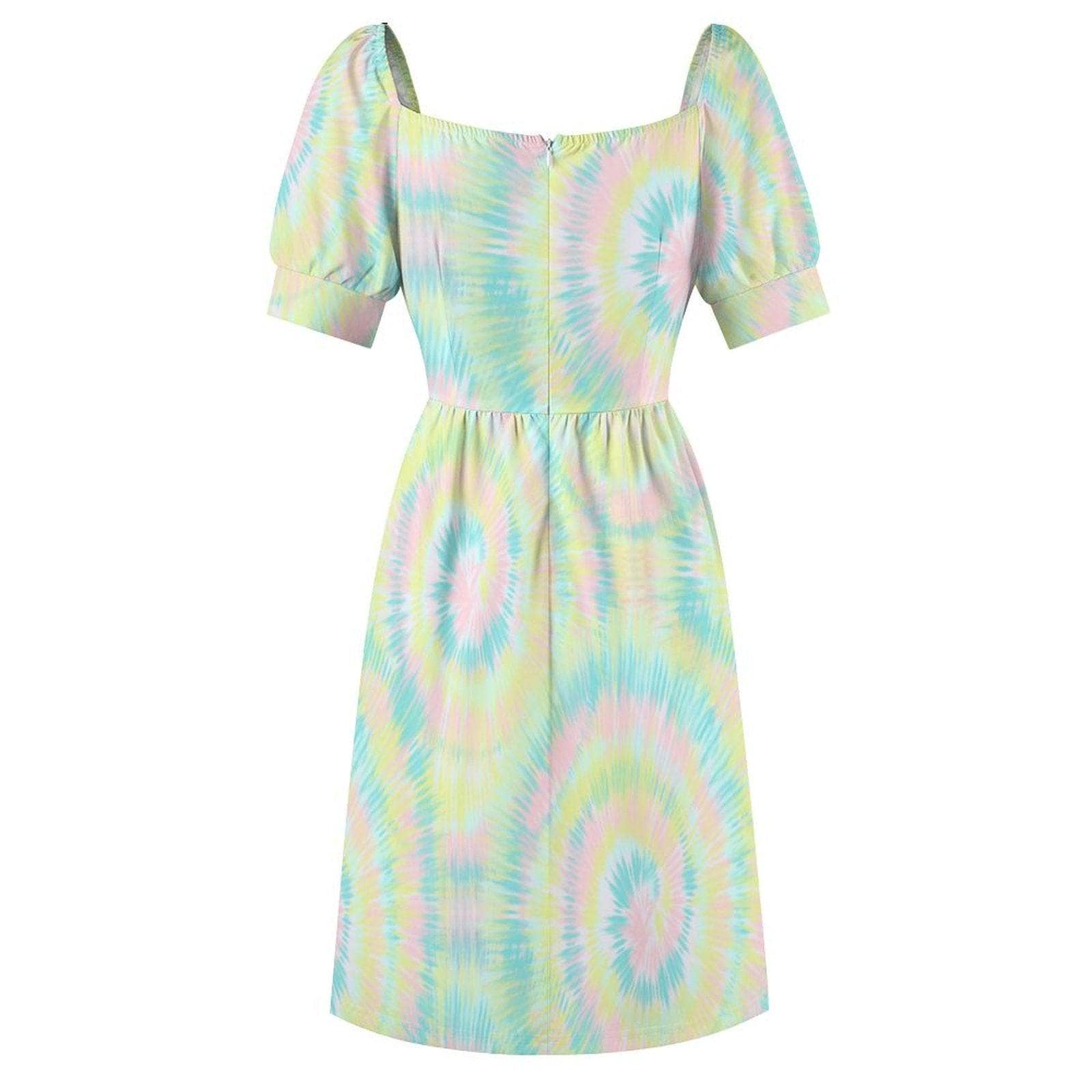 Pastel Tie Dye Midi Dress, Puff Sleeves, Vintage Style